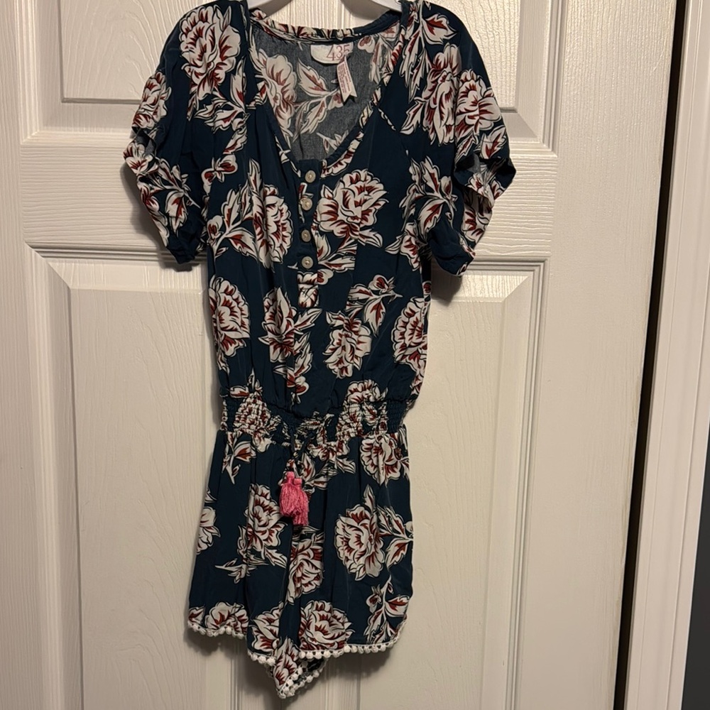 Matilda Jane girls - Floral Blue Romper with Pink Accents